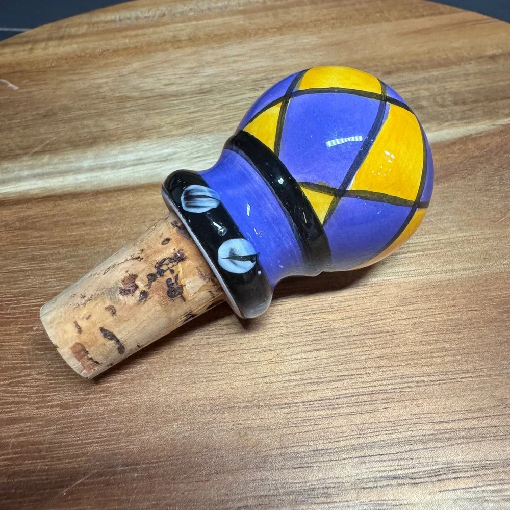 Hand Painted Ceramic Wine Bottle Stopper Purple Yellow Harlequin Geometric Cork